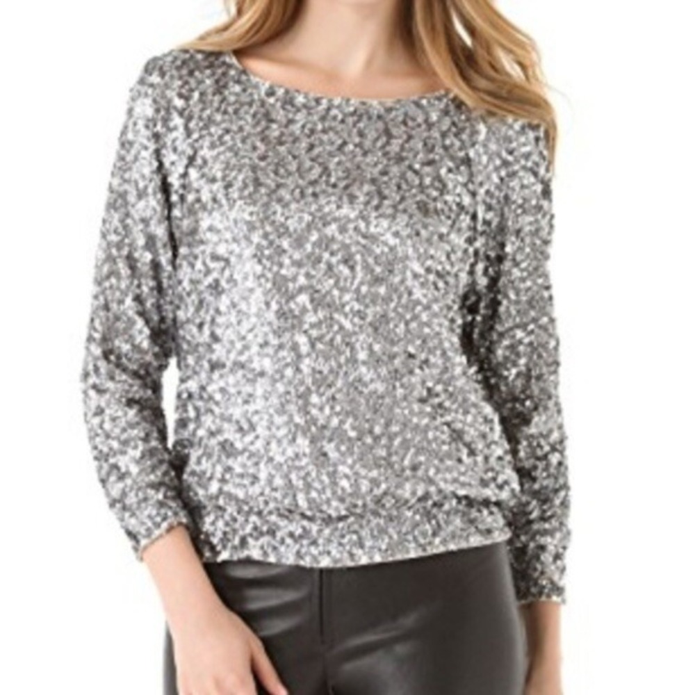 Alice + Olivia Evelina Silk Sequin Top XS  Gunmetal Silver Gray $395